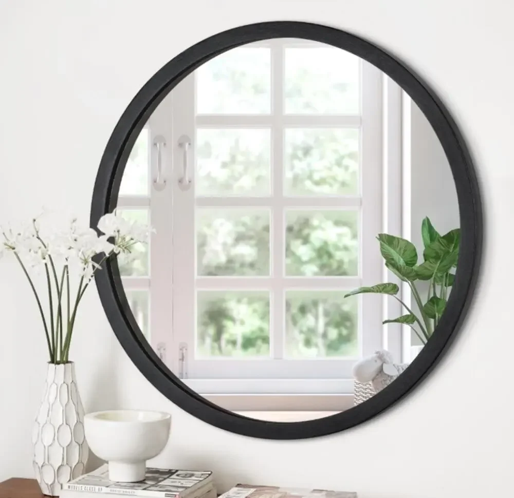 JJUUYOU 16” Round Wall Mirror Black Wood Frame Farmhouse New Open Box